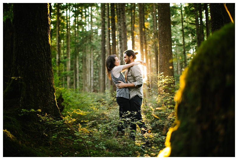 bc forest engagement couple hugging 